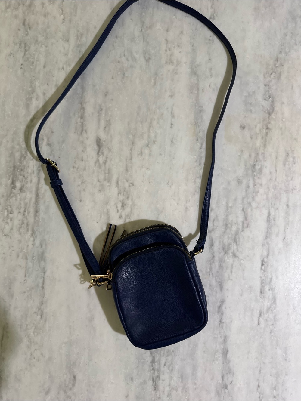 Navy Vegan Leather Crossbody Mini Travel Phone Passport Bag w Tassel + Pockets